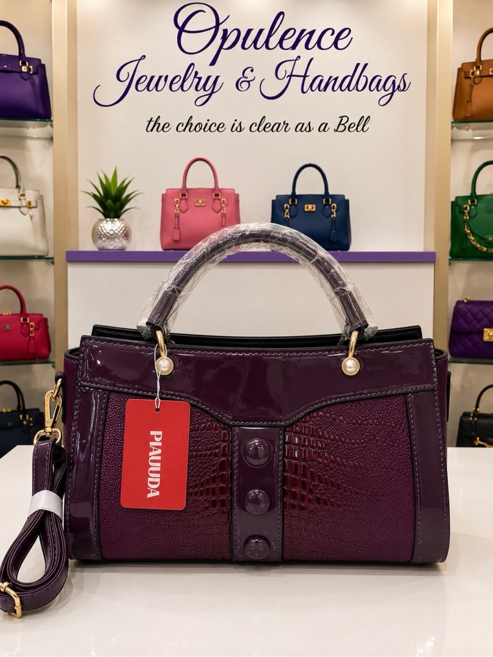 Women's Patent Croc-Texture Satchel Bag in Plum